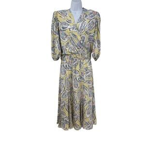 VTG Anthony Sicari Midi Dress 12 Pastel Faux Wrap Pleat Detail Smocked Waist 80s